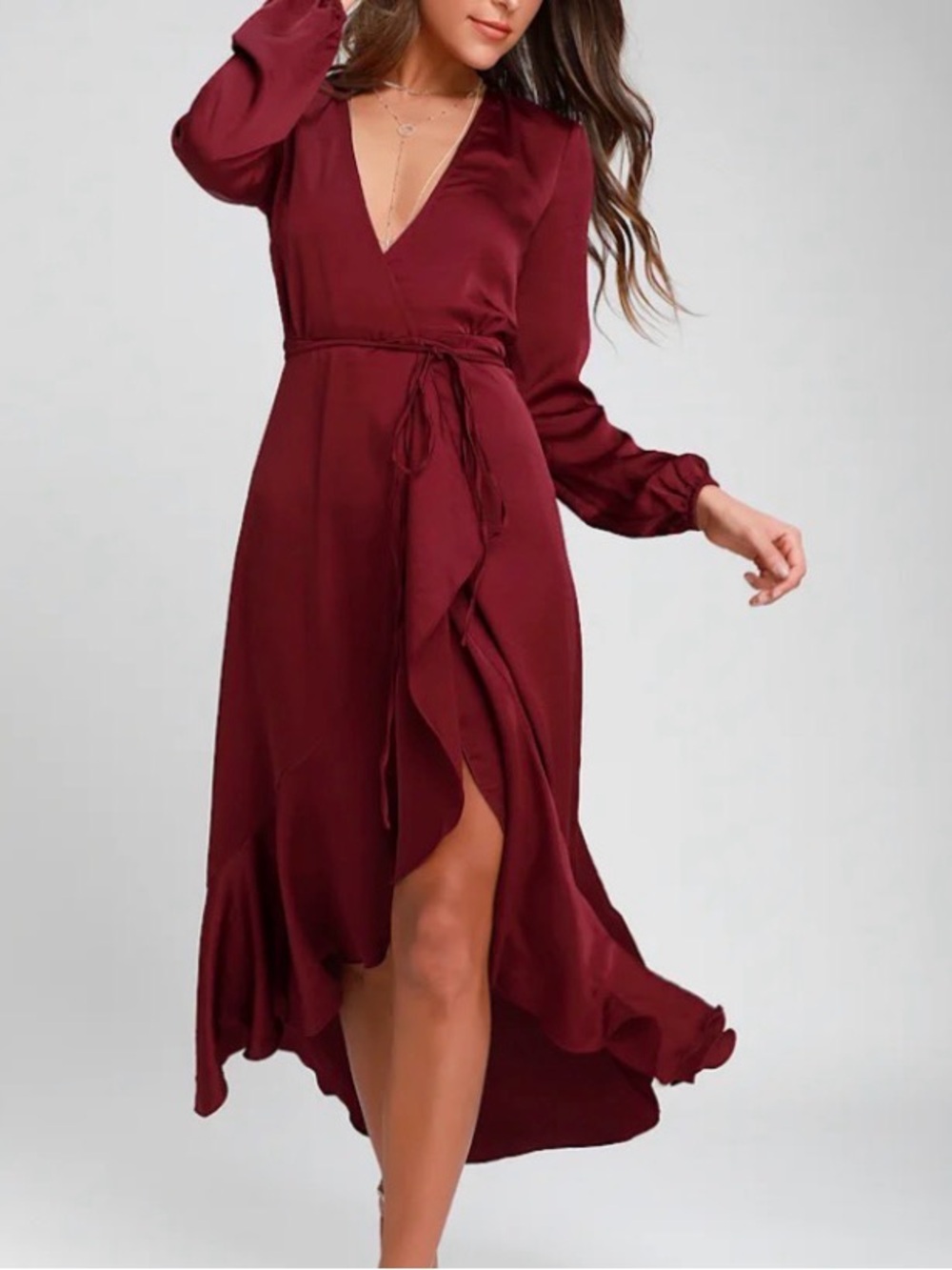 Express Burgundy High-Low Ruffle Wrap Dress